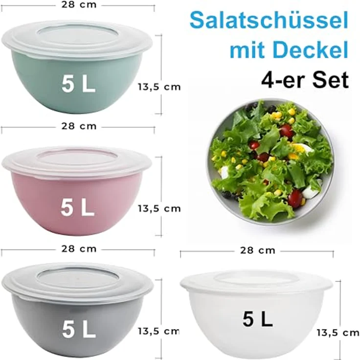 2friends Schüssel mit Deckel 5l 4er Set - Vielseitige Salatschüssel und Rührschüssel, BPA-freies PP, Trendfarben Mix: Hellgrau, Pastellrosa, Grün, Transparent, Ø 28 cm, EU-Fertigung – Bild 2