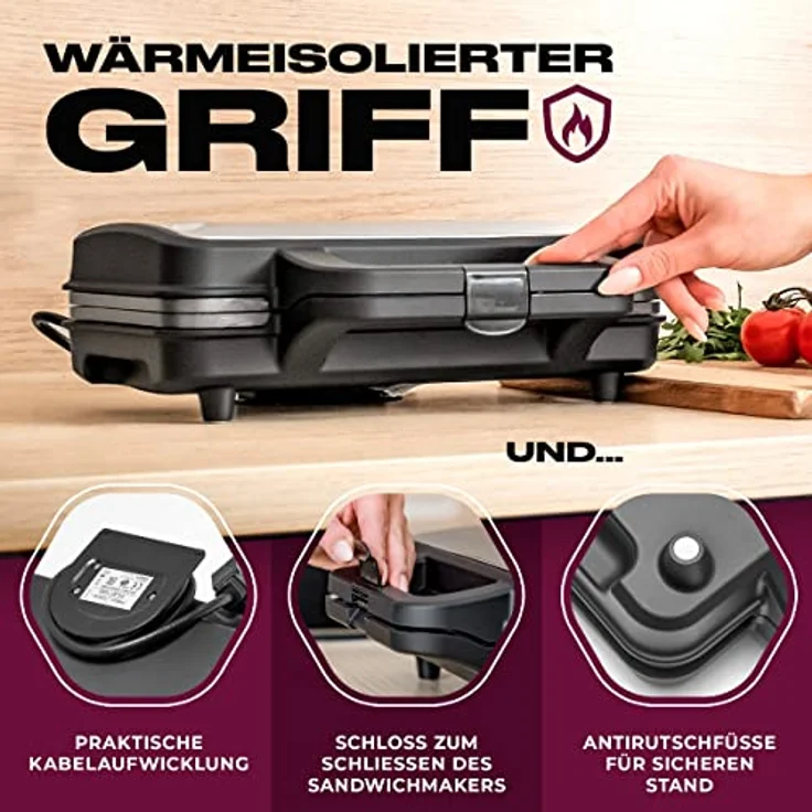 ProfiCook PC-ST 1092 Sandwichtoaster, extra große Sandwichplatten für amerikanische XXL-Toastscheiben, Edelstahleinlage, Antihaftbeschichtung, 2 Kontrolleuchten – Bild 5