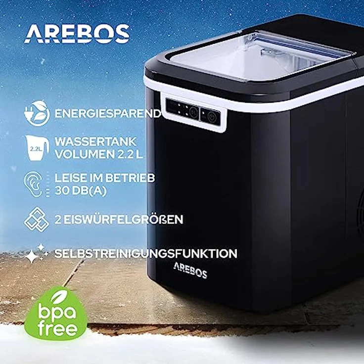 Arebos Eiswürfelmaschine | Ice Cube Maker | 12 kg / 24 h | 10-15 Minuten Produktionszeit | 2 Eiswürfel-Größen | 2,2 Liter Wassertank | Eiswürfelbereiter | Leise | Selbstreinigungsfunktion | Schwarz – Bild 3