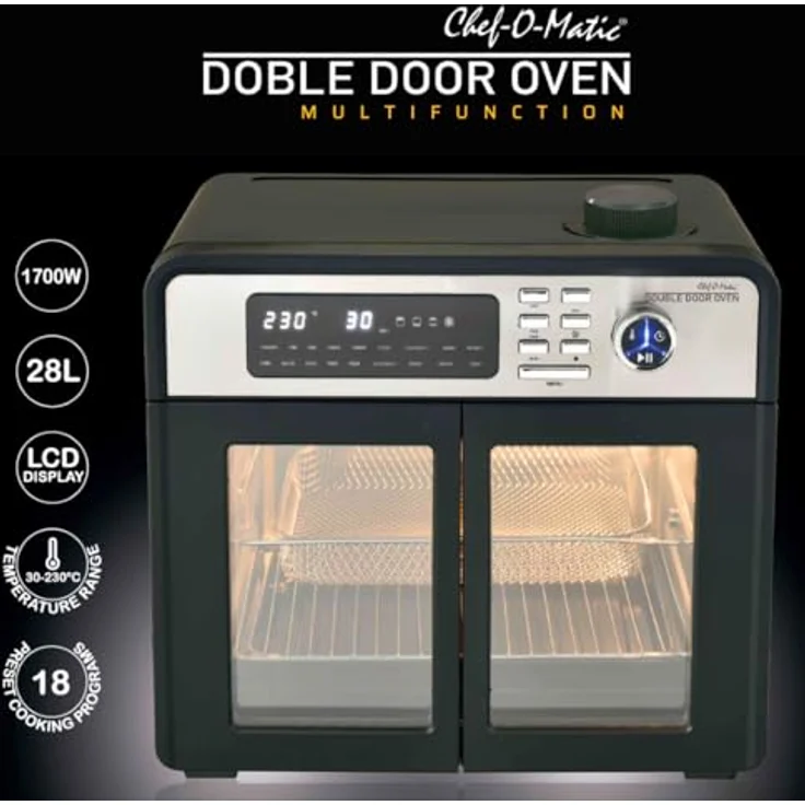 BEST DIRECT CHEF -O- MATIC Double Door Oven, 28 l, Doppeltürbackofen, 18 Programme, 1700 W, Innengrill, Toastofen, Drehspieß, Dörrgerät, LCD-Display, Silber – Bild 2