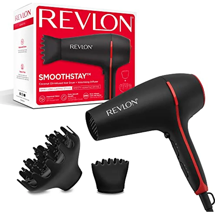 Revlon SmoothStay 2000W Haartrockner mit Kokosöl-Infusion (2000 Watt, 2 Zubehörteile für vielseitiges Styling: Diffusor- und Konzentratorkamm, keramische Turmalin-Ionen-Technologie) - RVDR5317 – Bild 1
