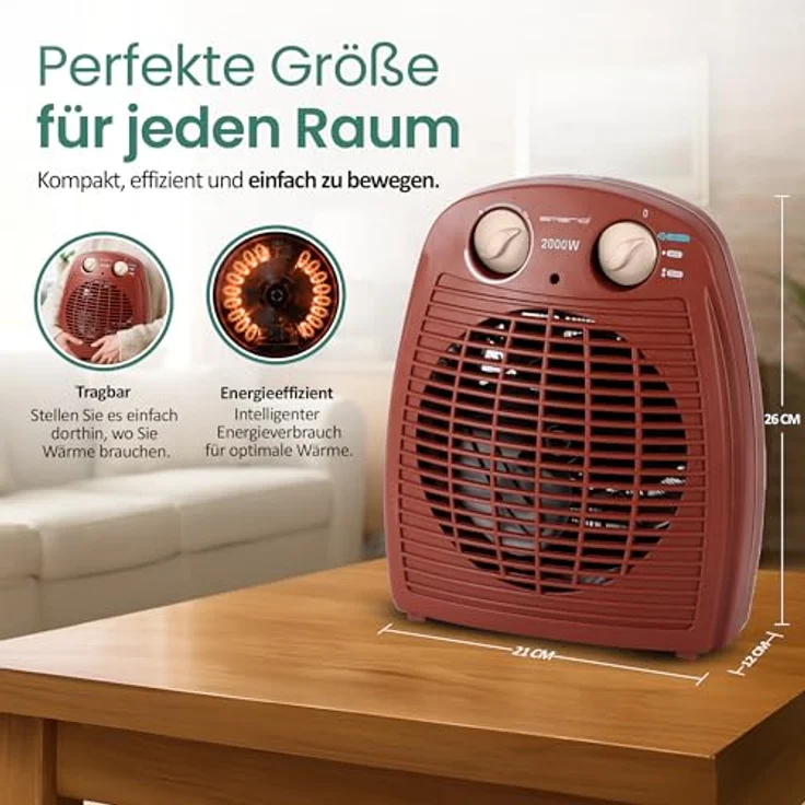 Emerio Heizlüfter FH-106737.13, 2000W für bis zu 25 m², 2 Heizstufen, Ventilationsfunktion, einstellbarer Thermostat, Kippschutz, Rot – Bild 5