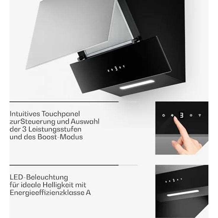 Klarstein Verosteel Dunstabzugshaube 60 cm, Kopffreihaube mit 624 m³/h, A++ Energieeffizienz, Touch-Bedienung, LED-Beleuchtung, leise, Edelstahl & schwarzes Glas, spülmaschinenfester Filter – Bild 7
