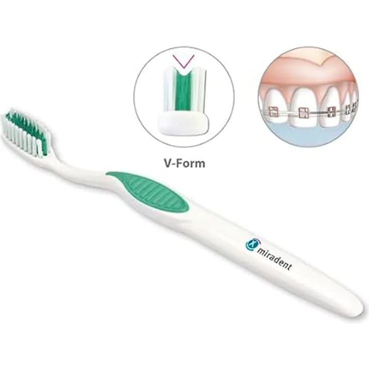 HAGER PHARMA GMBH Miradent Carebrush ortho Zahnbürste, weiß/grün, mit speziellem Bürstenkopf für Zahnspangen – Bild 4