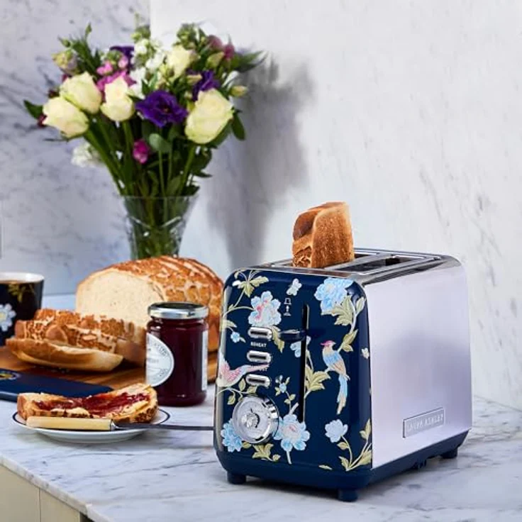 VQ Laura Ashley 2-Scheiben Toaster, Edelstahl-Vintage mit 7 Wärmeeinstellungen, Auftau- und Aufwärmmodus, Aufsatz für Croissants, Elveden Marine – Bild 2