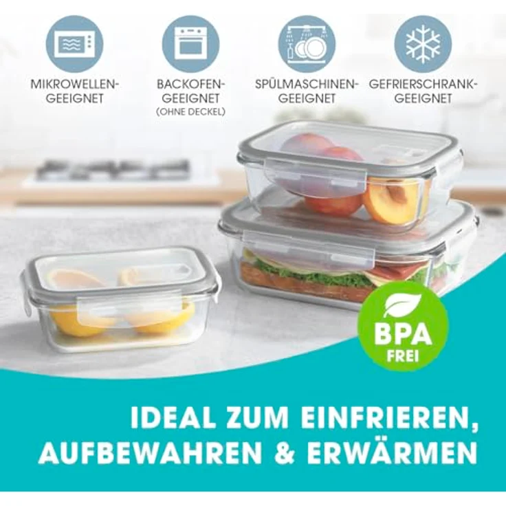 GOURMETmaxx Klick-it Glas Frischhaltedosen 3er Set, luftdicht und auslaufsicher, für Spülmaschine, Mikrowelle, Backofen und Gefrierschrank, transparent – Bild 2