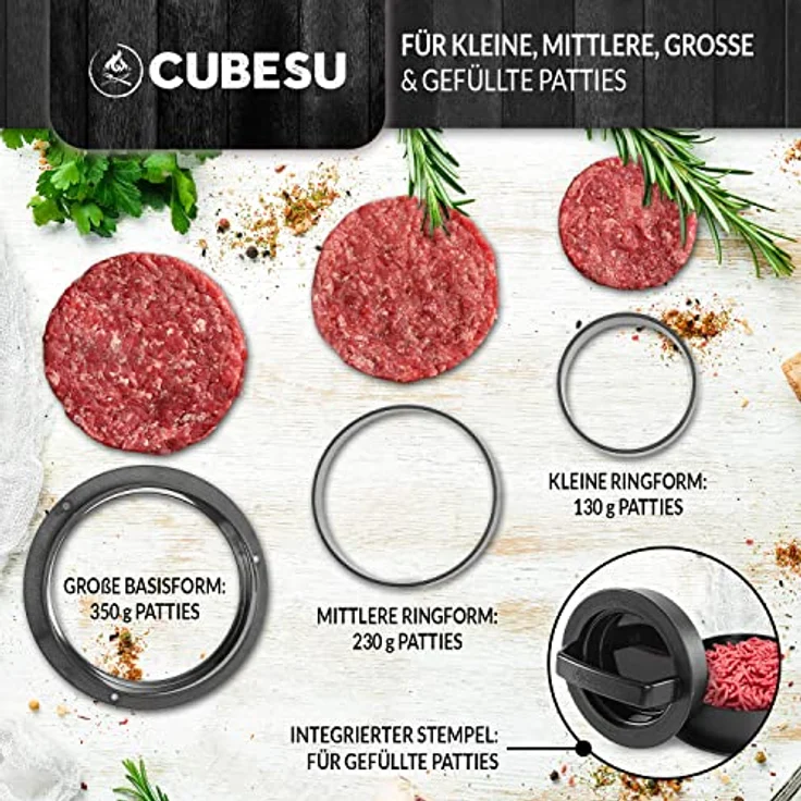 Cubesu Burgerpresse Set, 3 Ringformen in verschiedenen Größen, Antihaftbeschichtung, 75 Blatt Backpapier, inkl. Stempel für gefüllte Patties – Bild 3
