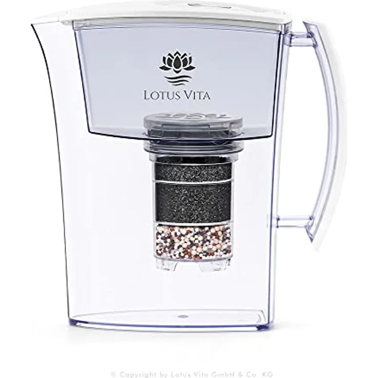 Lotus Vita LOTUS div. Farben - Wasser Filterkanne mit Kartusche, Reduziert Kalk Chlor Blei aus Leitungswasser durch Aktivkohle Ionentauscher, BPA-frei (Weiß Matt inkl. elektronischem Timer) - Preisvergleich