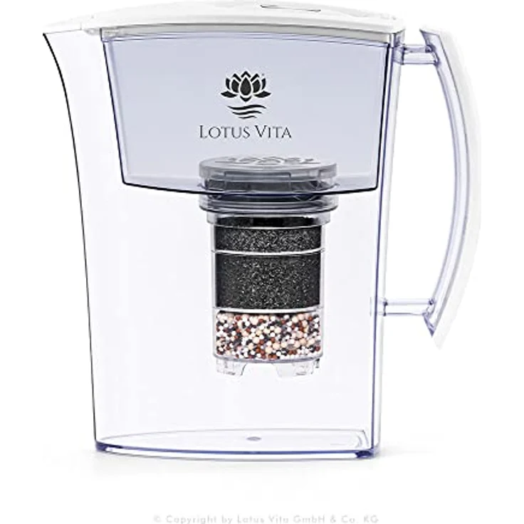 Lotus Vita LOTUS div. Farben - Wasser Filterkanne mit Kartusche, Reduziert Kalk Chlor Blei aus Leitungswasser durch Aktivkohle Ionentauscher, BPA-frei (Weiß Matt inkl. elektronischem Timer) - Preisvergleich – Bild 1