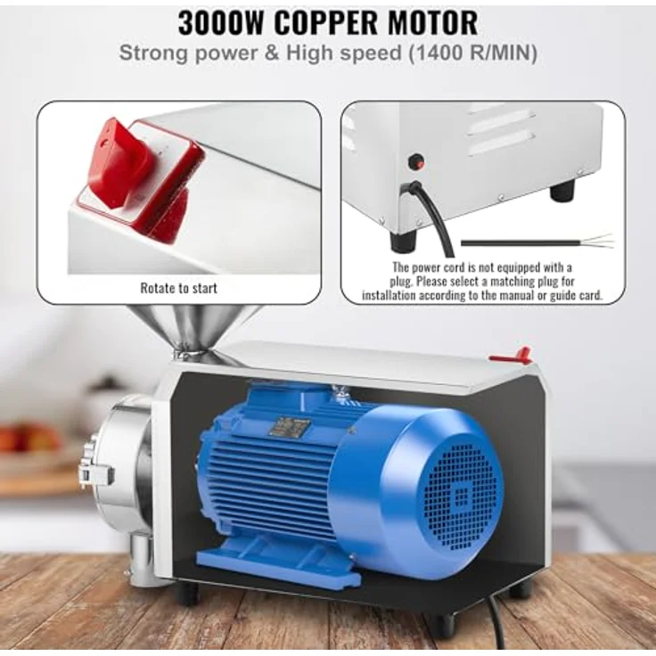 VEVOR Sojabohnenmühle, kommerzielle Edelstahl-Mahlmaschine mit 3000 W, 100 kg/h Effizienz, einstellbare Pulverfeinheit, ideal für Gewürze und Getreide, 605 x 290 x 460 mm – Bild 3
