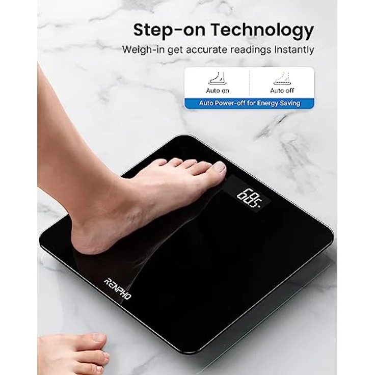 RENPHO Personenwaage, Körperwaage mit Hochpräzisions-Sensoren, Personen Digitalwaage mit Step-On-Technik, Gewichtswaage aus Sicherheitsglas, Schwarz – Bild 4
