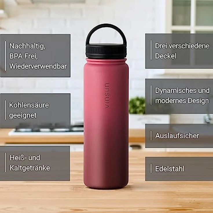 Vinsun Edelstahl Trinkflasche 500ml rot - auslaufsicher, Kohlensäure geeignet, BPA frei - 3 Deckel - Thermosflasche Sport, Outdoor, Schule, Uni, Fahrrad, Büro, Gym – Bild 2