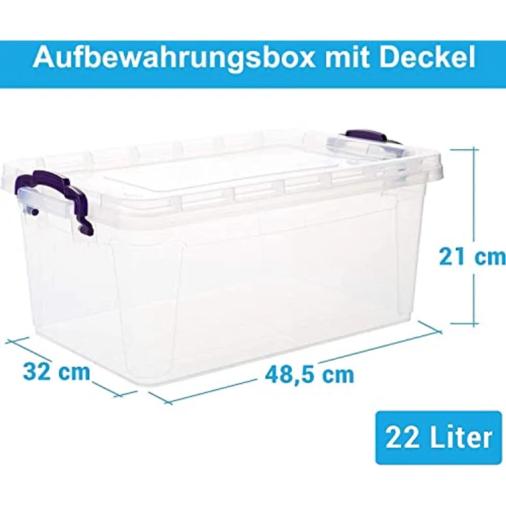 Aufbewahrungsbox mit Deckel, 6 Stück Aufbewahrungsboxen, 22 Liter Boxen Aufbewahrung, Transparent Plastikbox mit Deckel, Made in EU, Model: Mia, Kisten Aufbewahrung mit Deckel und lila Griffen – Bild 2