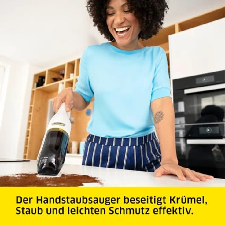 Kärcher Akku-Handstaubsauger CVH 2, kompakter und leichter Krümelsauger für den schnellen Einsatz, Staubbehälter: 0,15 l, Gewicht: 0,65 kg, inkl. 7,2 V Akku, USB-Ladegerät, 2-in-1-Fugendüse – Bild 2