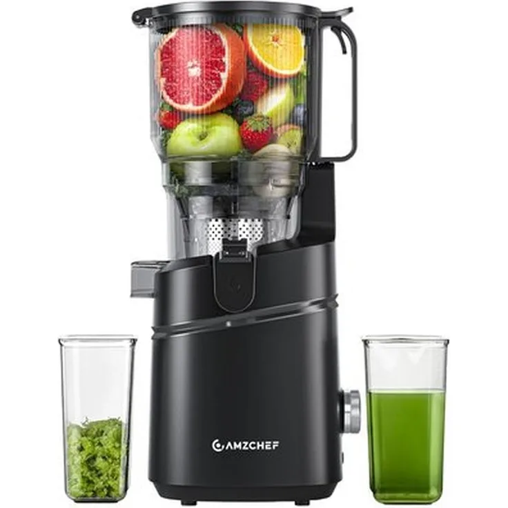 AMZCHEF SJ-036CBK Slow Juicer, schwarze Kaltpressentechnologie mit großem Einfülltrichter für ganze Früchte