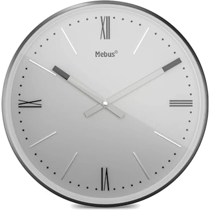 Mebus Wanduhr TinyTime, leise Quarz-Wanduhr mit römischen Ziffern, 25 cm Durchmesser, graues Zifferblatt, anthrazitfarbenes Gehäuse – Bild 1