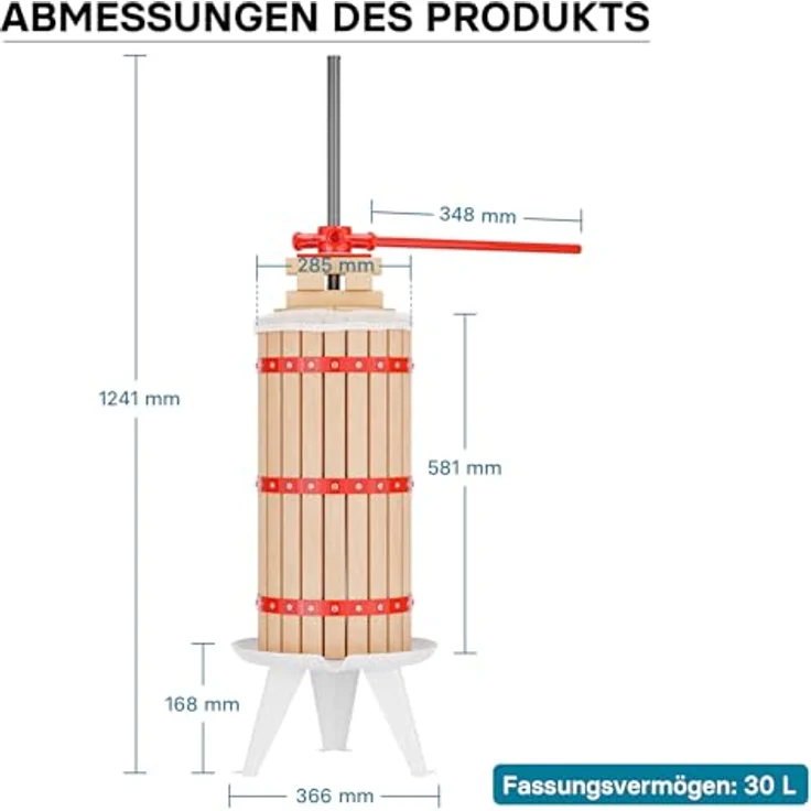 Wiltec 30L Obstpresse aus Buchenholz Saftpresse mit 3 passenden Presstüchern Weinpresse aus Holz in rot - Ideal zum Wein und Apfelsaft selber machen – Bild 8