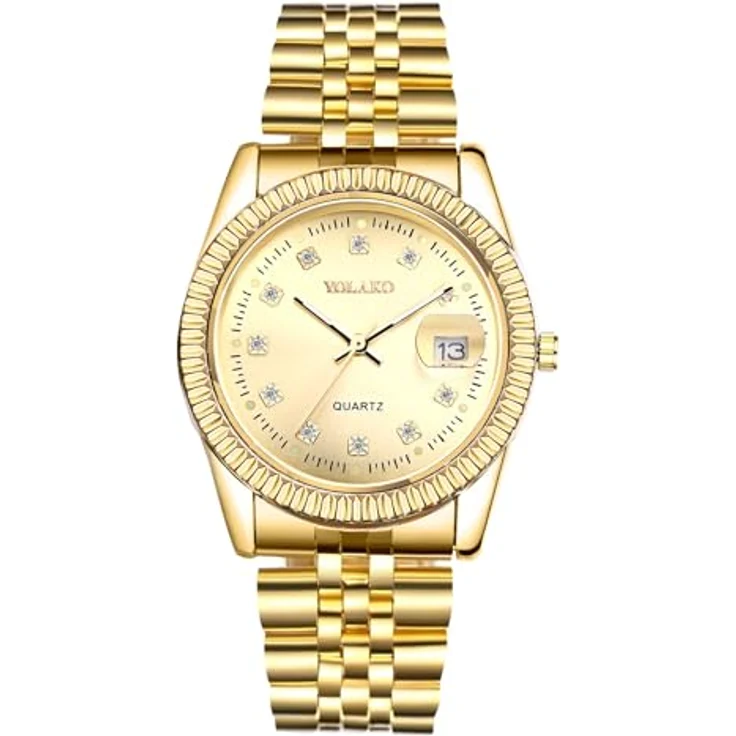 JewelryWe Herrenuhr Gold Edelstahl: Klassische Kalender Analog Quarz Armbanduhr mit Diamantskala und Facettiert Lünette, Edelstahlarmband – Bild 1
