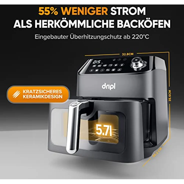 Dripl Heißluftfritteuse 5,7L, XXL Fritteuse mit LCD Touchscreen, AirFryer mit 12 Programmen, Kompakte Heissluftfriteuse mit Digitalem Display, Energieeinsparung, Vorheizen & Warmhalten, ohne Öl – Bild 2