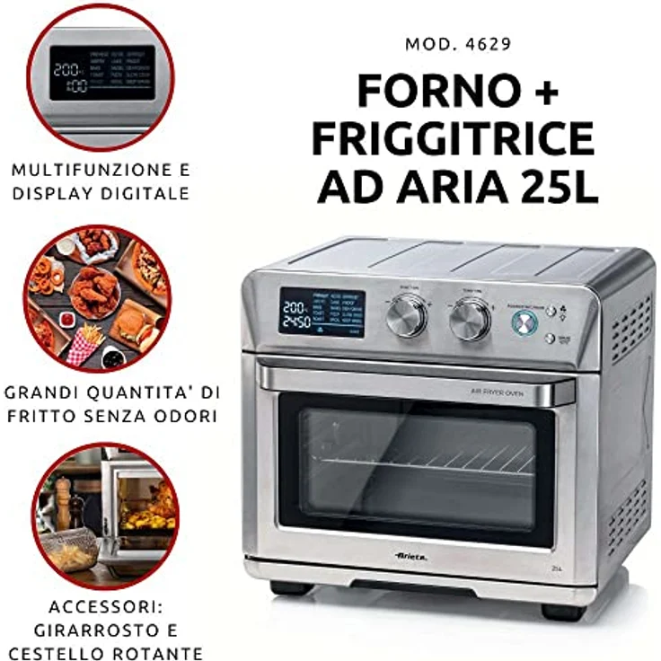 Ariete 4629 Airy Fryer Oven Digital SS, Luftfriteuse, Elektroofen, Fassungsvermögen 25 l, 1700 W, für Pizza 30 cm, LED-Display, Temperatur max. 230 °C, Silber – Bild 2