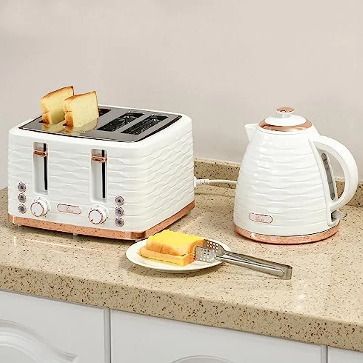 HOMCOM Kocher-Toaster-Set, 4-Scheiben-Toaster und 1,7L Wasserkocher mit Sicherheitsfunktionen, Cremeweiß – Bild 2