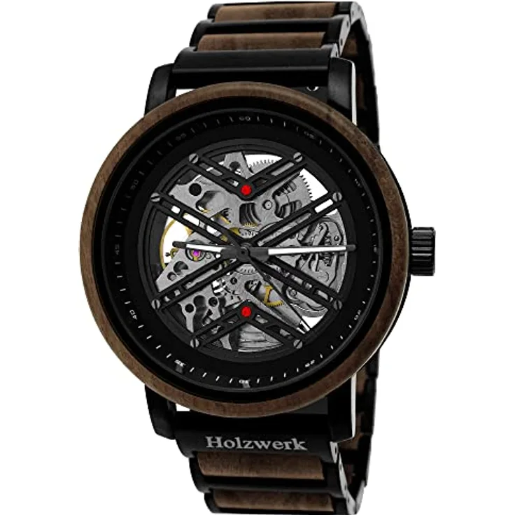 Holzwerk Germany Handgefertigte Automatik Herren-Uhr Natur Holz-Uhr Braun Schwarz Silber Analog