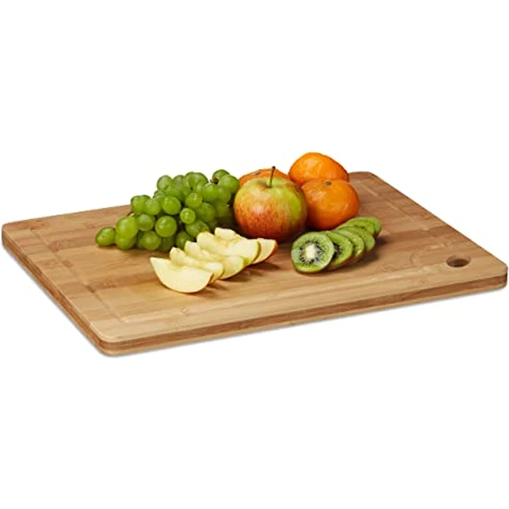 Relaxdays Tranchierbrett Bambus, Schneidebrett, Saftrille, Griffloch, massiv, HxBxT: 2 x 40 x 30 cm, Holz, naturfarben – Bild 1