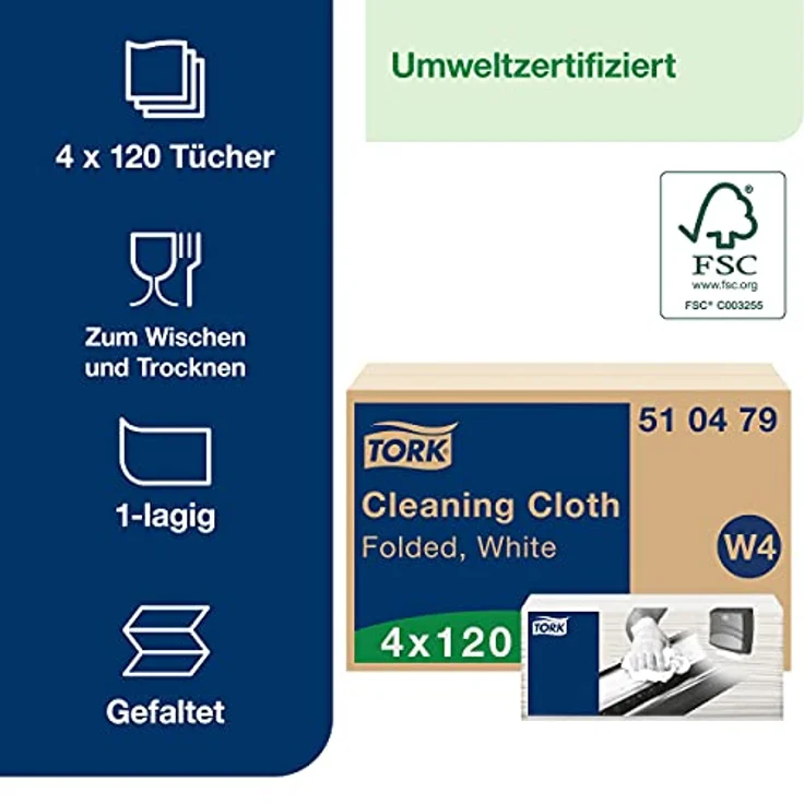 Tork Reinigungstücher Weiß W4, Flexibel, 4 × 120 Tücher, 510479 – Bild 2