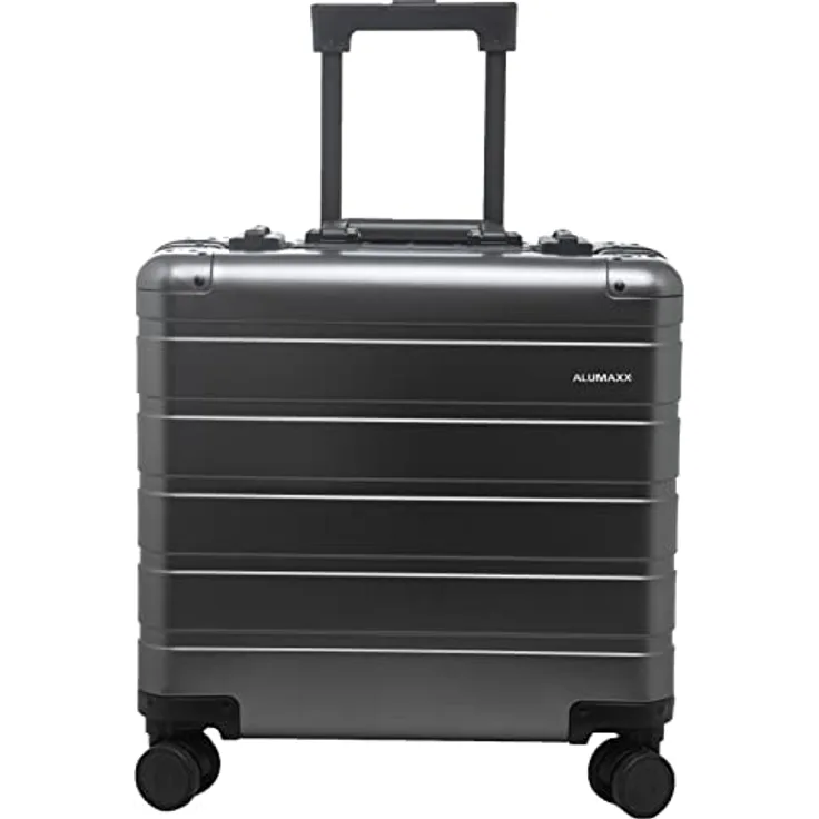 ALUMAXX 45194 Businesstrolley Gravity, Reisekoffer mit Overnight Fach und herausnehmbarer Fächermappe, Rollkoffer aus Aluminium, Trolleykoffer mit 4 Rollen, Koffer ca. 44 x 42 x 22,5 cm, grau