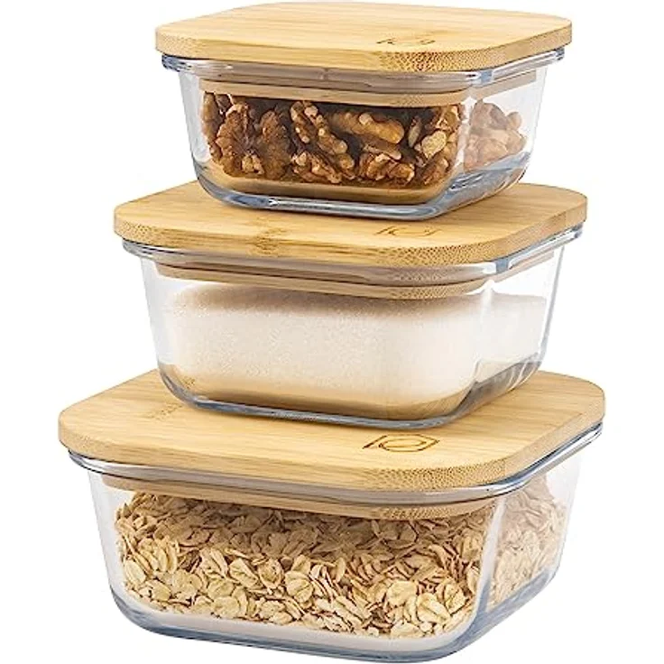 eluno Glas Aufbewahrungsdosen 3er-Set inkl. Bambusdeckel, Frischhaltedosen, quadratisch – Bild 1