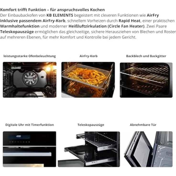 KB ELEMENTS Einbaubackofen 60 CM, Airfryer-Funktion, 15 Funktionen, Full Touch Display, AQUA CLEAN, 73 L Garraum, EEK A+ – Bild 4