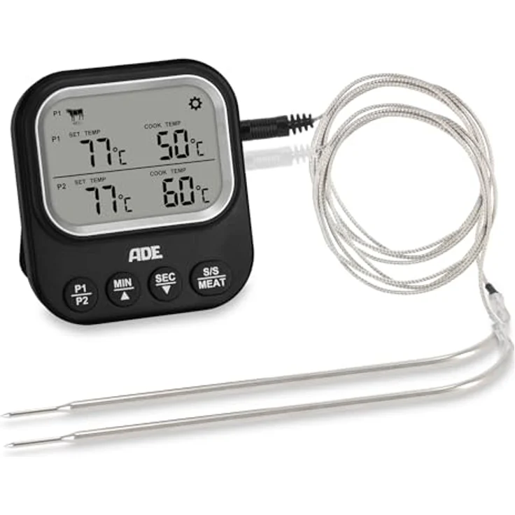 ADE Bratenthermometer, digitales Fleischthermometer mit 2 Messfühlern, bis 250 °C, inkl. Batterien und Schutzkappen – Bild 1