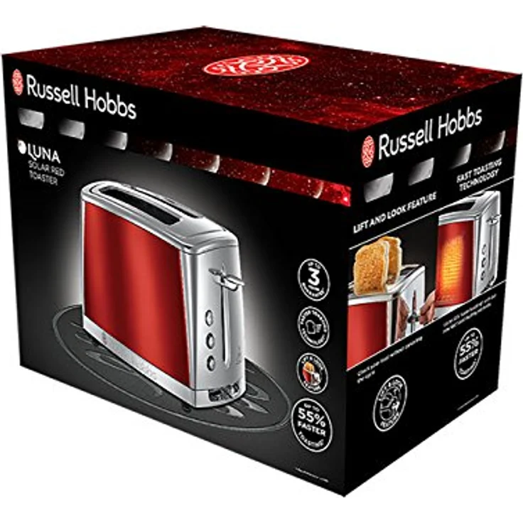 Russell Hobbs Toaster Luna rot, inkl. Brötchenaufsatz, 6 einstellbare Bräunungsstufen + Auftau- & Aufwärmfunktion, Schnell-Toast-Technologie, 1550W, 23220-56 – Bild 3