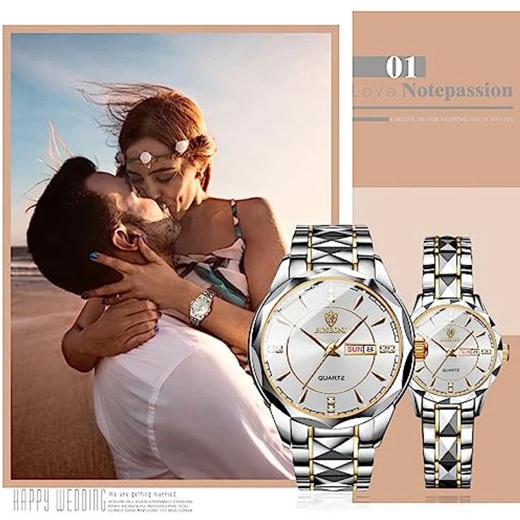 JewelryWe Paar Uhren Edelstahl, 2er Set Silber Analog Quarz Armbanduhr mit Leuchtzeigern, Datum und Kalender, 30m wasserdicht für Männer und Frauen – Bild 3