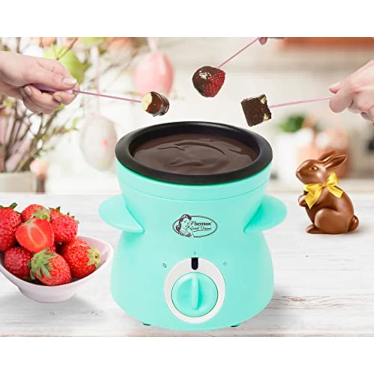 Bestron Schokoladen Fondue für 2 Personen, Mini-Schokofondue-Set, inkl. 10xSpieße, 10xGabeln und 1xSpachtel, 25Watt, Farbe: Mint – Bild 3