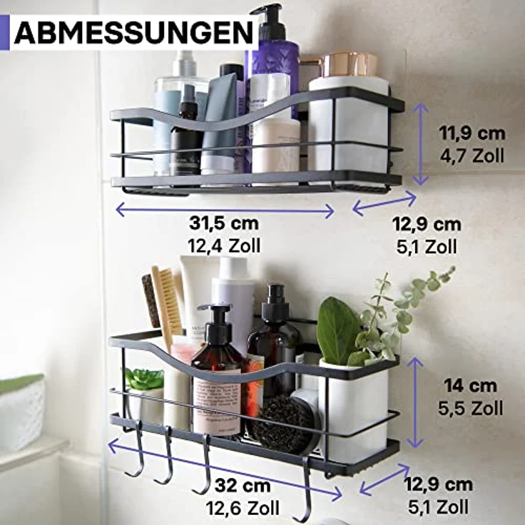 Kincmax Duschregal für Badezimmer, ohne Bohren, rückstandslos klebend, SUS304 rostfreier Lebensmittel-Aufbewahrungskorb, 2-in-1 Küche Gewürzregal, 2 Stück matte black – Bild 2