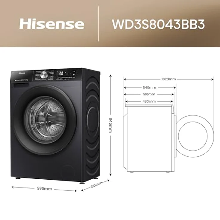 Hisense WD3S8043BB3 Waschtrockner mit 16 Programmen, 8 kg Nutzlast, Dampffunktion, Eco Wash und Anti-Allergie Programm, EEK A-D – Bild 2
