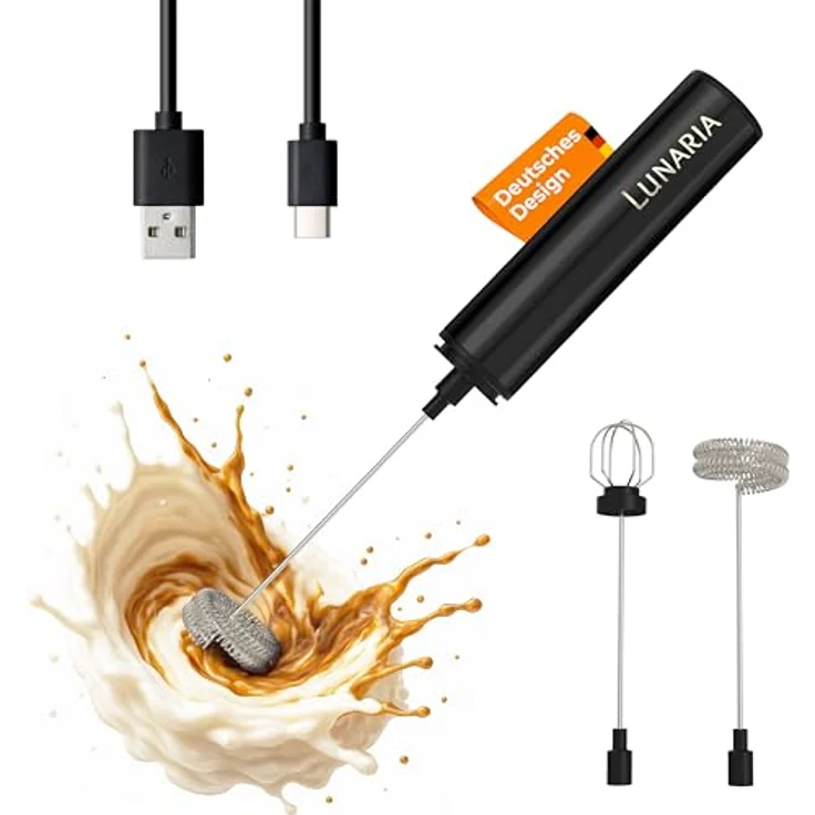 LUNARIA Milchaufschäumer kabellos, Edelstahl, schwarz/silber, 8 W, für Cappuccino & Latte Macchiato, USB aufladbar, 2 Aufsätze – Bild 2