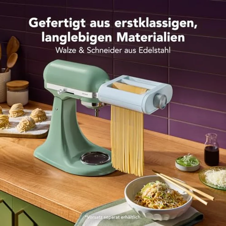 KitchenAid 3-in-1 Nudelvorsatz 5KSM3PPA, Edelstahl Nudelroller, Spaghettischneider und Fettuccine Cutter für KitchenAid Standmixer, 8 einstellbare Dickeinstellungen, inkl. Reinigungsbürste – Bild 4