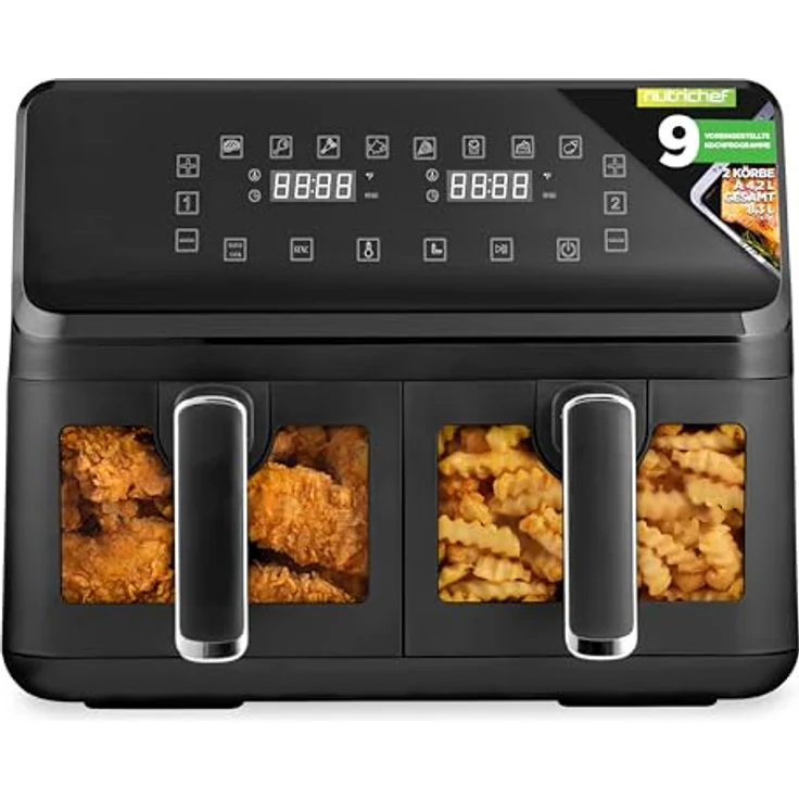 NutriChef Heißluftfritteuse Airfryer XL, 8L Doppel-Fritteuse mit 2 Körben, 9 Programmen, spülmaschinenfest, antihaftbeschichtet, bis 360 °C, schwarz – Bild 1