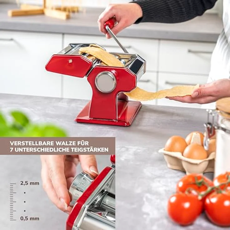 bremermann Nudelmaschine Edelstahl/Metall ROT, Pastamaker für Spaghetti, Tagliatelle und Lasagne mit 7 verstellbaren Teigdicken – Bild 4