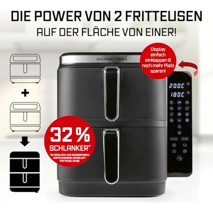 GOURMETmaxx FryUp Vertikale Doppelkammer Heißluftfritteuse 10 Liter | 4 Speisen auf 4 Ebenen | klappbares Touchdisplay | 32% platzsparender | Schwarz – Bild 2