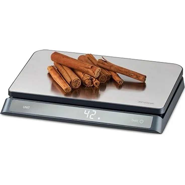 Trisa Digitale Küchenwaage 1g Genau, Präzision bis 15KG, Tare- & Hold-Funktion, LCD Display, 4 Gewichtseinheiten, Slim Design in eleganter Metalloberfläche – Bild 3
