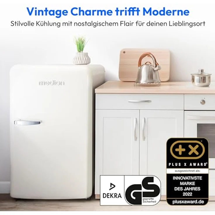 MEDION Retro Kühlschrank MD 37800 (91 Liter, 91cm Höhe, höhenverstellbare Glasablagen, transparente Gemüseschublade, cream) – Bild 2