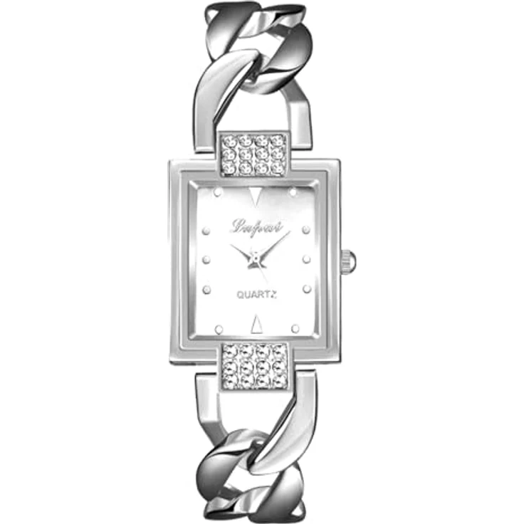 JewelryWe Damenuhr Glitzer Rechteckig, Strass Analog Quarz Armbanduhr mit Silber Panzerkette und Eckigem Zifferblatt – Bild 1