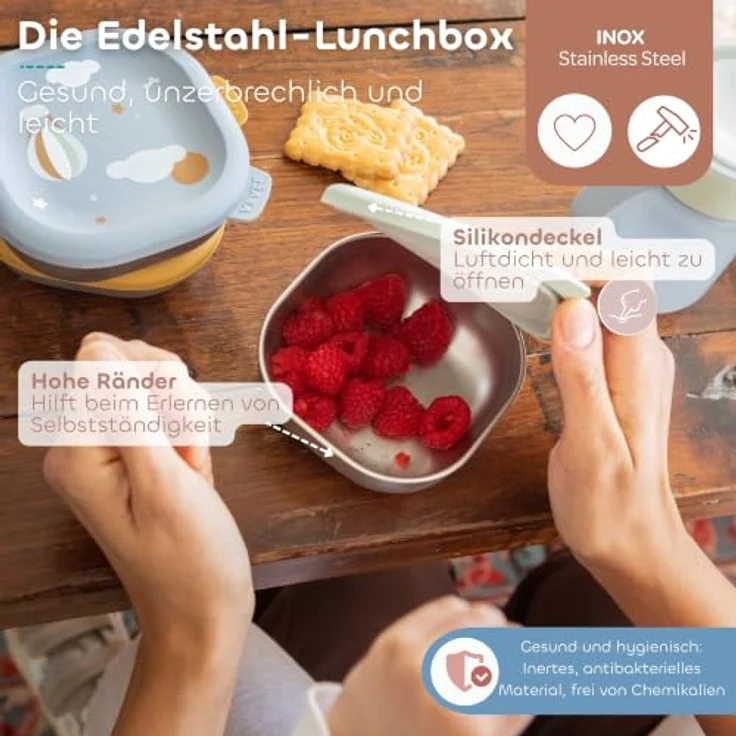 BÉABA, 3er-Set Edelstahlbehälter für Babys,Pürees und Snacks, auslaufsicher, bruchsicher, mikrowellen- & gefriergeeignet, BPA-frei, geruchsneutral, langlebige Aufbewahrungsdosen, 250 ml, Adventure – Bild 3