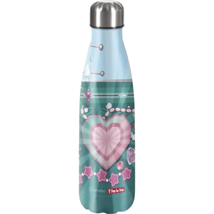 Step by Step Isolierte Edelstahltrinkflasche „Glitter Heart Hazle, blau - rosa, für kohlensäurehaltige Getränke, auslaufsicher, Schraubverschluss, 100% recycelbar, Schule & Freizeit, 0,5 Liter