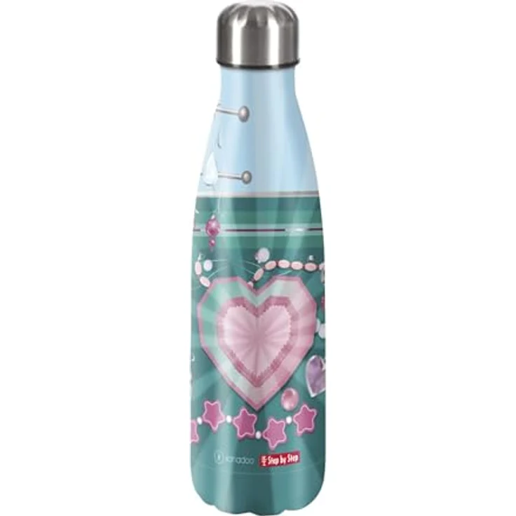 Step by Step Isolierte Edelstahltrinkflasche „Glitter Heart Hazle, blau - rosa, für kohlensäurehaltige Getränke, auslaufsicher, Schraubverschluss, 100% recycelbar, Schule & Freizeit, 0,5 Liter