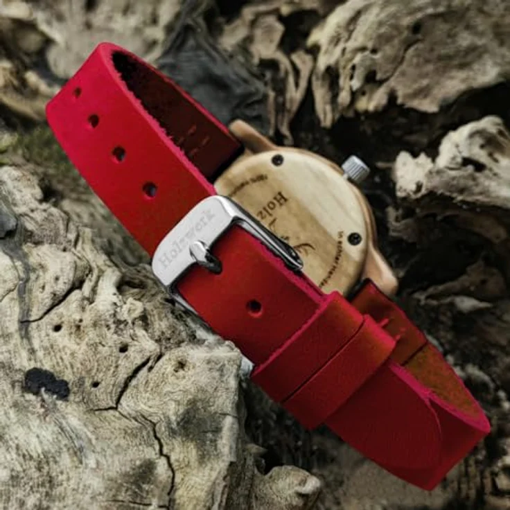 Holzwerk Quarzuhr CLARA RED kleine Damen Holz & Leder Armband Uhr, dunkel rot, beige - Zierliche Armbanduhr mit fluoreszierenden Uhrzeigern und hochwertigem japanischem Quarzwerk – Bild 6