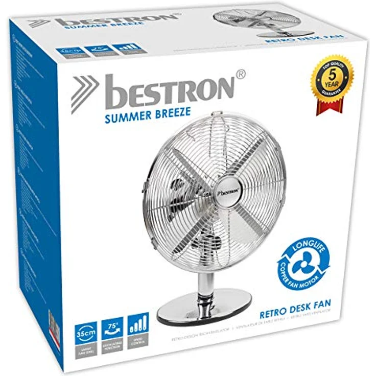 Bestron Mobiler Tischventilator mit Schwenkfunktion im Retro-Design, Höhe: 43 cm, Ø 35 cm, 35 W, Chrom – Bild 7